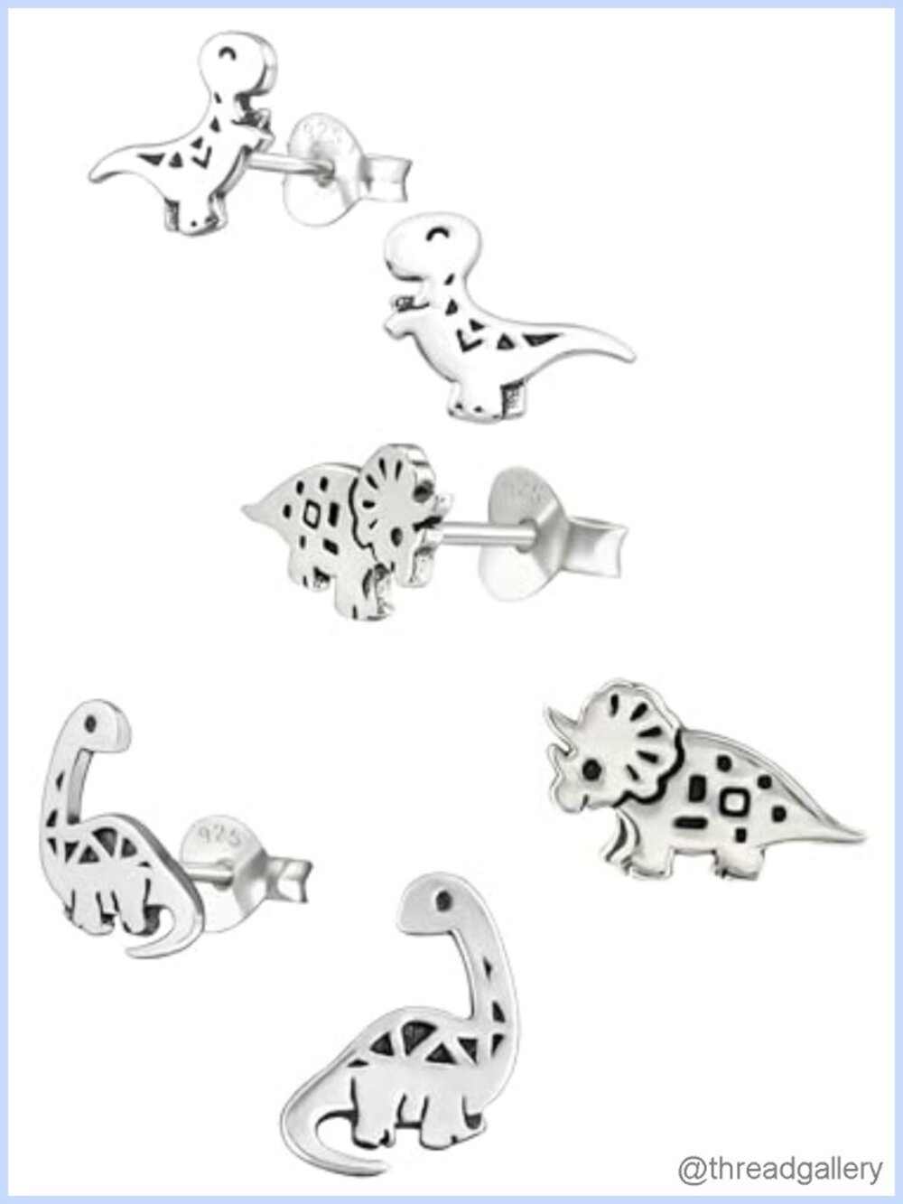 925 Sterling Silver Dinosaur Friends Stud Earrings Set 3 Pairs